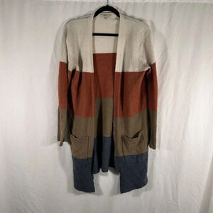 Madewell Long Cardigan Women's XS Brown Striped Wool Blend Open Front Sweater